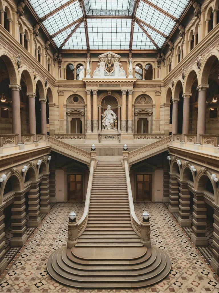 Majestic staircase inside a historic palace in Vienna, showcasing classic architecture.